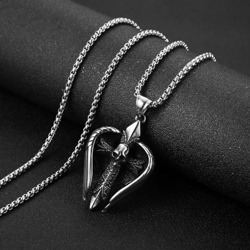 HZMAN Angel Wing Necklace for Men Women Stainless Steel Gothic Punk Angel Wing Cross/Angel Pendant Faith Amulet Jewelry Gift - color: Skull Cross