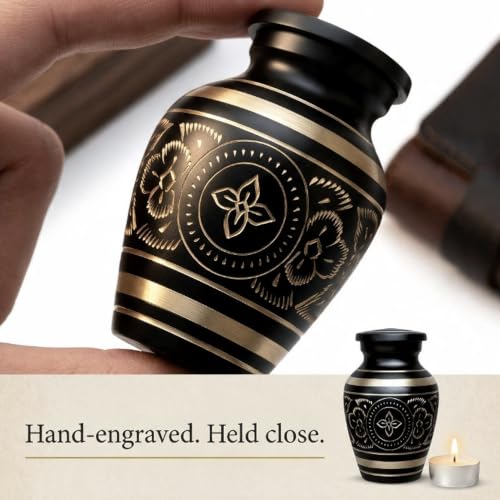 Small Urns for Human Ashes – Brass Hand-Engraved Funeral Keepsake with Elegant Black Finish – Mini Cremation Memorial for Mom, Dad & Loved Ones - color: Black