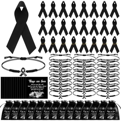 Liliaafar 24 Set Funeral Memorial Favors for Guests, Black Ribbon Pins with Memorial Bracelets Prayer Cards Organza Bags, Sympathy Remembrance Keepsakes for Celebration of Life Funeral Guests - color: Black