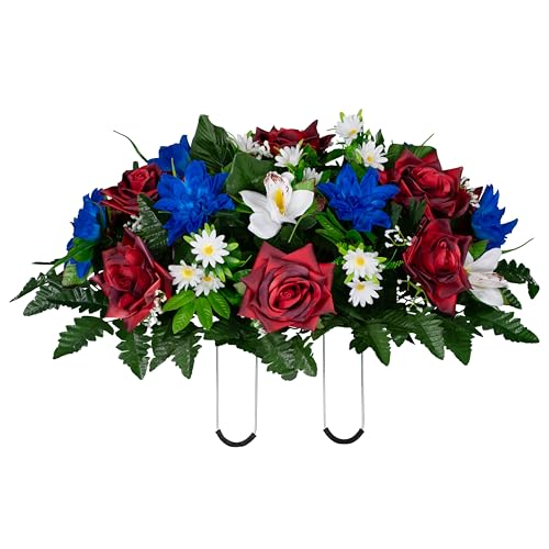 Sympathy Silks - Artificial Flowers for Cemeteries - Red Open Roses, White Orchids, and Blue Dahlias - (1) Headstone Saddle