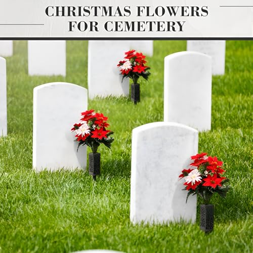 Suncalla 2 Set 26 inch Christmas Cemetery Flowers for Grave 18 Stems Artificial Red Faux Velvet Poinsettias Bouquets for Christmas Home Decorations, Holiday Bush, Indoor Floral, Cemetery Flowers - style: Poinsettia
