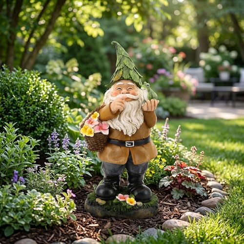 DUSVALLY Garden Gnome Statue, Outdoor Resin Garden Decor with Frog | Outdoor Garden Decor • Resin Gnome Statue • Frog & Flower Basket • Hand Painted Finish • Gift for Garden Lovers - color: Brown Old Man