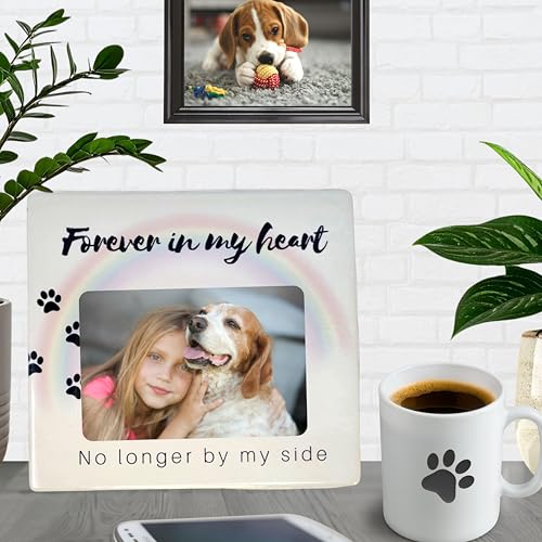 BANBERRY DESIGNS Dog Memorial Picture Frame for the Loss of Pet - Pet Sympathy Gift for Dog Loss - Rainbow Bridge Memorial Frame -No Longer By My Side Forever In My Heart - Photo Opening is 4" X 6"