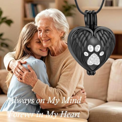 zeqingjw Pet Cremation Jewelry for Ashes Pendant Paw Print Pet Heart Urn Necklace Memorial Keepsake Jewelry for Pet/Dog's/Cat's Ashes - color: Wing Heart-Black