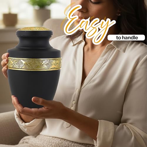 CLEENTABLE Aluminum Cremation Urn for Human Ashes, 11 in. (Black & Gold) - color: Matt Black Metallic Gold, size: Hand-Etched Leaf - 7x11"