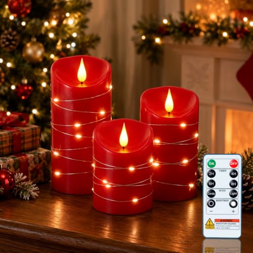 Homemory Red Flameless Candles with String Lights, 3 Pack Real Wax LED Pillar Candles with 3D Wicks, Battery Operated Candles with 11-Key Remote and Timer for Christmas Decor, 3" x 4"5" 6" - color: Red
