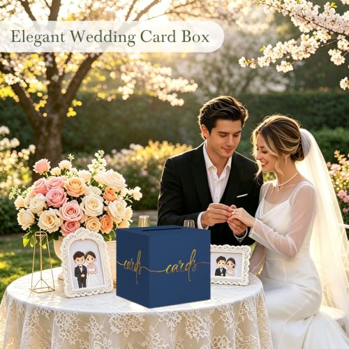 Navy Blue Wedding Card Box with Gold Foil Design, Paperboard 8.7" Card Box for Graduation Birthday Party Reception Retirement Anniversary Bridal & Baby Shower - color: Navy Blue Card Box with Gold Foil, size: 8.7×8.7×8.7Inch(1 Pack)