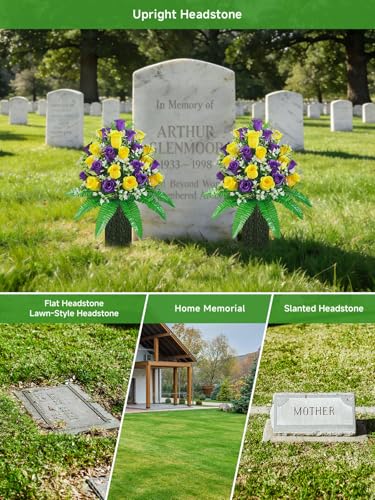Mirevielyn 2-Pack 24-Stem Artificial Rose Cemetery Flowers with Vases - color: Yellow & Purple