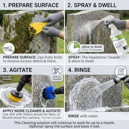 Headstone Cleaner Kit for Grave Cleaning - 1 Quart Spray Solution - Includes Drill Brushes - Ideal for Cleaning Headstones, Tombstones, and Memorials
