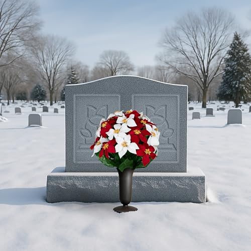 Sympathy Silks Artificial Cemetery Flowers - Gravesite Memorial Arrangment - Red & White Poinsettia - (1) Bouquet (1) Vase - color: Red & White, size: (1) Bouquet (1) Vase