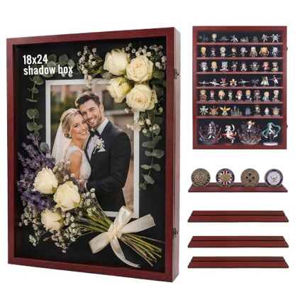 GMFrames 18x24 Wooden Shadow Box Frame with Removable Shelves Deep Display Case for Military Medals Keepsakes Cherry - color: Cherry, size: 18x24