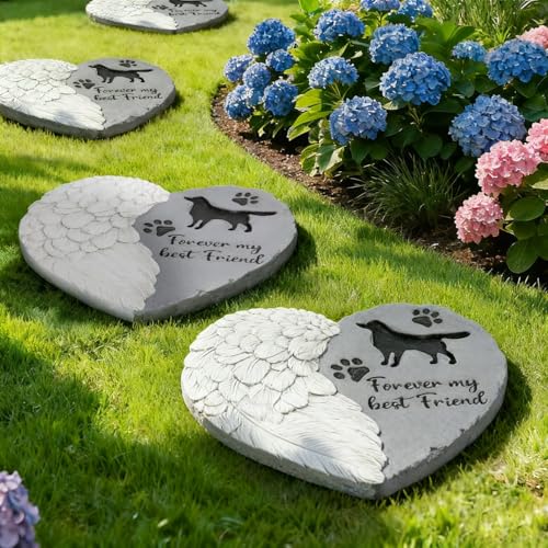 Landoraloria Dog Memorial Stone 10” Heart with Wings Outdoor Pet Grave Marker Cement Garden Remembrance Stone Sympathy Gift for Loss of Dog Rainbow Bridge Design