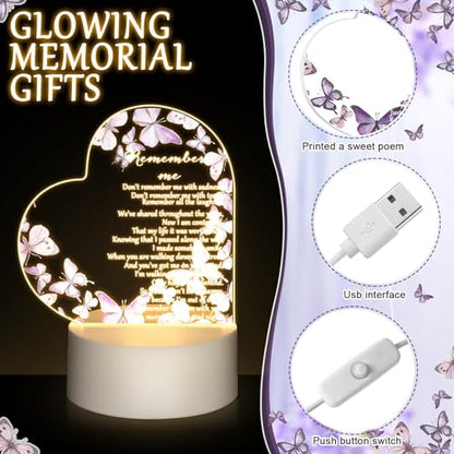 Coume Memorial Gift Night Light Clear Crystal Acrylic Heart Sympathy Gifts Sign LED Light Remembrance Bereavement Decor Condolence Present for Loss of Loved One(Purple Butterfly Style) - style: Purple Butterfly Style