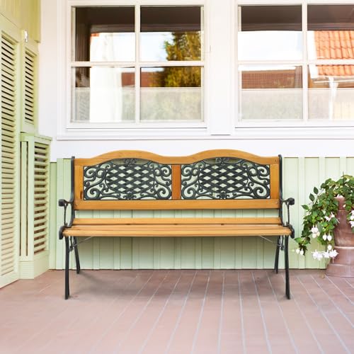 VINGLI Classic Cast Iron & Teak Arched Back Rectangular Outdoor Bench, 3-Seater, 470 lbs Capacity, Easy Assembly, Weather Resistant, 49.5" W x 20.5" D x 29" H