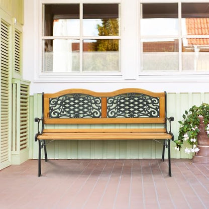 VINGLI Classic Cast Iron & Teak Arched Back Rectangular Outdoor Bench, 3-Seater, 470 lbs Capacity, Easy Assembly, Weather Resistant, 49.5" W x 20.5" D x 29" H