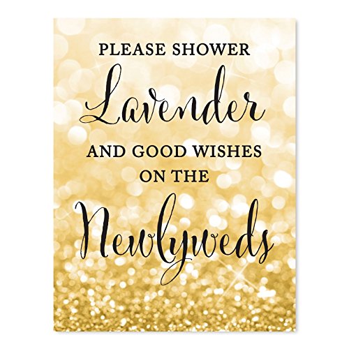 Andaz Press Wedding Party Signs, Glitzy Gold Glitter, 8.5x11-inch, Please Shower Lavender and Good Wishes on the Newlyweds, 1-Pack, Lavender Ceremony Exit Toss Sign - color: Activities Lavender