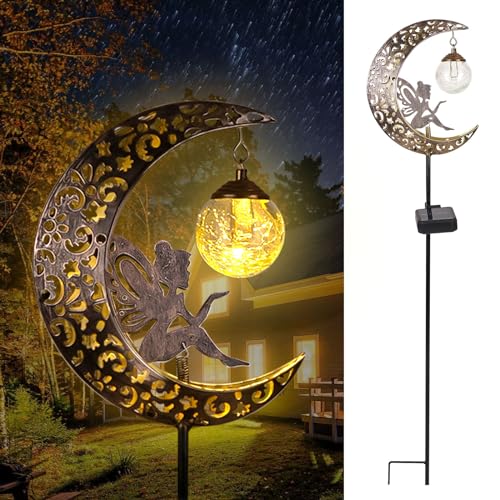 Solar Garden Lights Outdoor Decor,Moon Fairy Crackle Glass Lights,Waterproof Warm White LED Metal Stake Ornament,for Walkway Backyard Patio Lawn Pathway Decorations-Unique Gift Ideas for Gardening - color: Bronze Moon Fairy