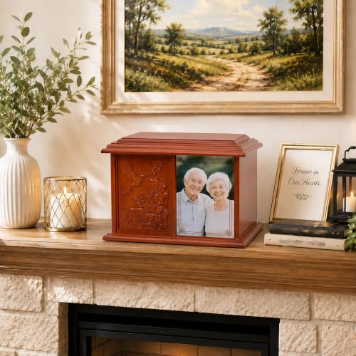 Double Companion Urn for 2 Adults Holds Up to 400 Cubic Inches Wooden Cremation Urn for Human Ashes with 4 x 6 Photo Frame Carved Hummingbird Memorial Urn for Husband Wife Parents