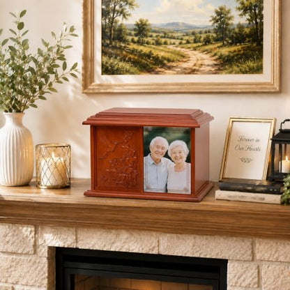 Double Companion Urn for 2 Adults Holds Up to 400 Cubic Inches Wooden Cremation Urn for Human Ashes with 4 x 6 Photo Frame Carved Hummingbird Memorial Urn for Husband Wife Parents