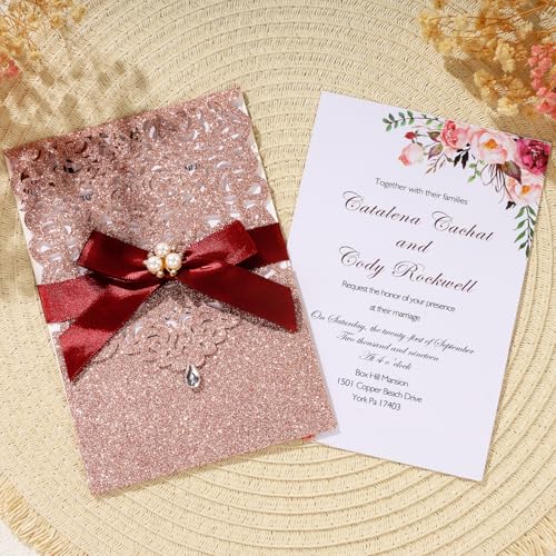 25Pcs Rose Gold Glitter Laser Cut Invitations with RSVP Card and Envelopes - color: Glitter Rose Gold