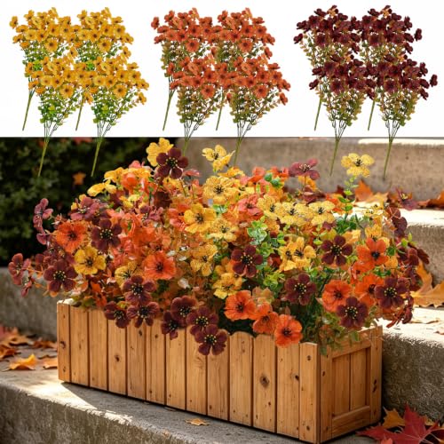 12 Bundles Artificial Mums, UV Resistant, Orange | Realistic silk-look fall flowers for outdoor planters, window boxes, front porches, patios, and seasonal decor