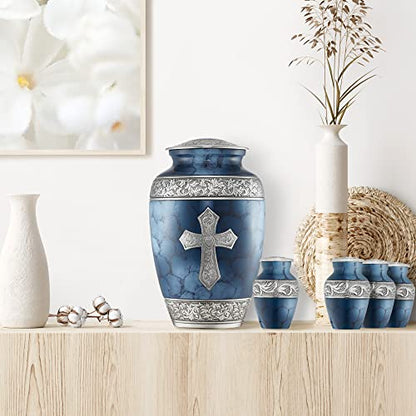 Reminded Set of 5 Engraved Cross Cremation Urns for Human Ashes - 1 Brass Adult + 4 Keepsake Token Size, Blue - color: Blue