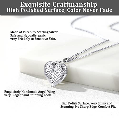 Bestyle Sterling Silver Heart Locket Necklace for Women, Dainty Cute Small Heart Locket Pendant in Gold/Rose Gold/Silver, Love Statement Jewelry Gift for Mother Wife - color: D1. Angel Wing-Silver-Locket Only, NO Custom