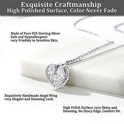 Bestyle Sterling Silver Heart Locket Necklace for Women, Dainty Cute Small Heart Locket Pendant in Gold/Rose Gold/Silver, Love Statement Jewelry Gift for Mother Wife - color: D1. Angel Wing-Silver-Locket Only, NO Custom