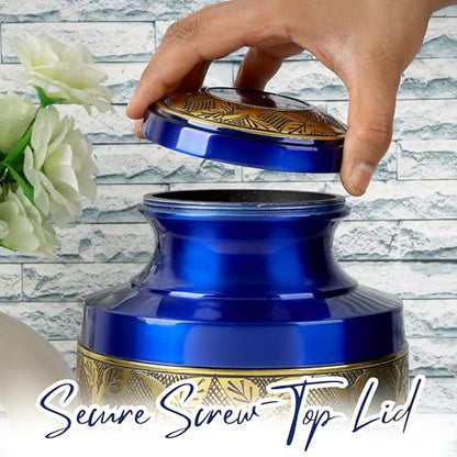 Cremation Urn for Human Ashes, Persian Blue & Gold - color: Persian Blue Gold, size: Hand-Etched Leaf - 7x11"