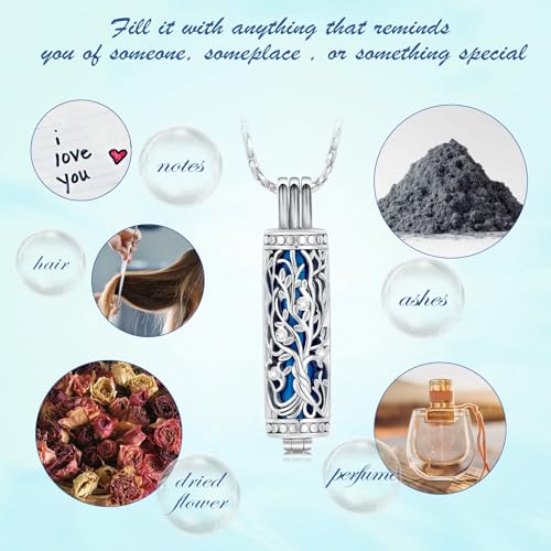 Tree of Life Urn Necklace for Women Men Cylinder Bar Memorial Ash Pendant | Tree of Life Cremation Jewelry,Stainless Steel Keepsakes Necklaces,Vial Ashes Pendant - color: Silver-Blue