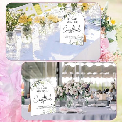 Greenery Please Sign Our Guestbook Sign, Wedding Ceremony Signs, 6 x 8 Inch Arch Wooden Tabletop Sign with Stand, Wedding Reception Decoration Supplies (PZ02) - color: Please Sign Our Guestbook