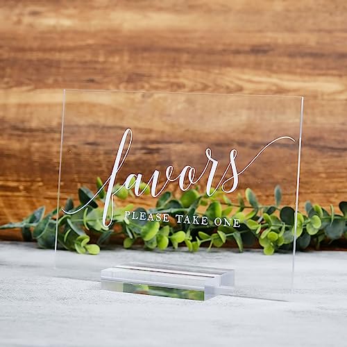 Acrylic Favors Sign for Wedding- 5x 7 Inch Glass Look Clear Favor Sign with Acrylic Stand, Cursive Font Wedding Signage for Reception & Party Event - size: 5" x 7" Favors Sign