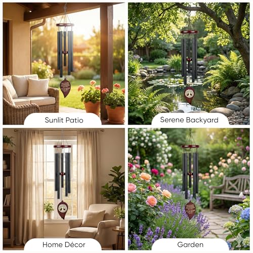 36" Memorial Wind Chimes for Outside, Double Sided Engraving Pendant, Deep Tone 6 Aluminum Tubes & Pine Wood, Sympathy Gift for Loss, Includes Acrylic Heart Plaque & a Letter from Heaven - color: Black Leaf Design