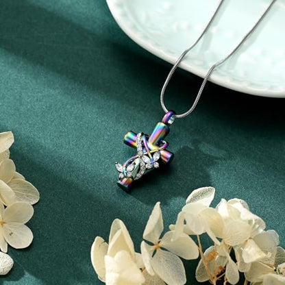 Butterfly Cross Cremation Jewelry Urn Necklaces Stainless Steel Cross Urn Necklaces for Ashes Memorial Keepsake Pendant for Women Gifts With Funnel Kit & Bag - color: Rainbow