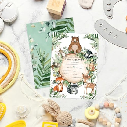 Whaline 25 Sets Woodland Baby Shower Party Invitations with Envelope Stickers Watercolor Forest Animal Greenery Invitation Cards Blank Invites for Baby Shower Birthday Party Supplies, 5 x 7 Inch - style: Woodland animals