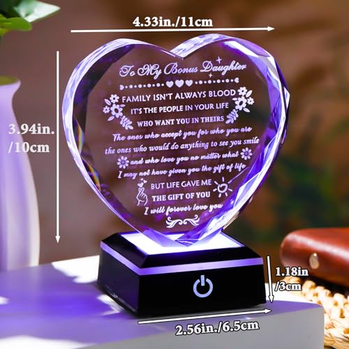 YWHL Bonus Daughter Gifts from Mom Dad Birthday Gifts for Bonus Daughter | Heart Shaped Crystal Keepsake with Colorful Base To My Bonus Daughter Stepdaughter Gifts on Christmas Graduation Valentine's - color: Bonus Daughter Gifts