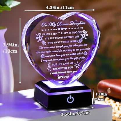 YWHL Bonus Daughter Gifts from Mom Dad Birthday Gifts for Bonus Daughter | Heart Shaped Crystal Keepsake with Colorful Base To My Bonus Daughter Stepdaughter Gifts on Christmas Graduation Valentine's - color: Bonus Daughter Gifts