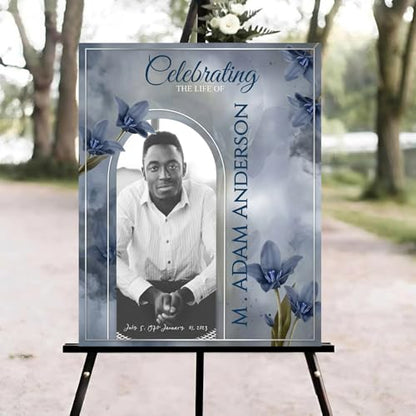 Blue Floral Funeral Welcome Sign, Celebration of Life Welcome Sign, in Loving Memory Sign, Celebration of Life Funeral Sign, Celebration of Life Sign, Memorial Sign with Photo #ghg1 - color: Version #11