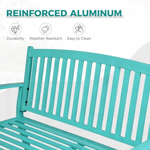 Grand patio 52" Farmhouse Outdoor Bench with Armrest, Turquoise Blue | Anti-rust Aluminum Frame, Faux Wood Grain Finish, for Front Porch, Yard, Park, Garden - color: Turquoise Blue