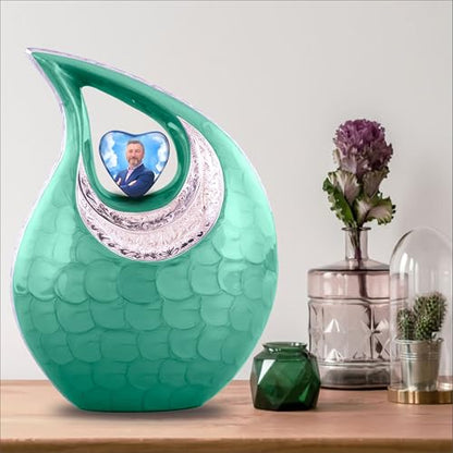 Personalized Photo & Text Green Teardrop Cremation Urns for Adult Ashes Male Female - 220 Lbs Burial Urns for Human Ashes - Handcrafted Funeral Decorative Urn for Adult with Velvet Bag - size: 220 Lbs Adult Urn