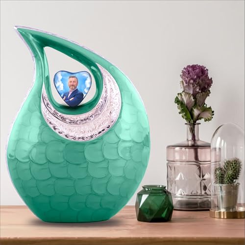 Personalized Photo & Text Green Teardrop Cremation Urns for Adult Ashes Male Female - 156 Lbs Burial Urns for Human Ashes - Handcrafted Funeral Decorative Urn for Adult with Velvet Bag - size: 156 Lbs Adult Urn
