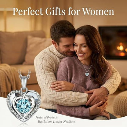 Locket Heart Necklace that Holds Pictures Photo Lockets Birthstone Pendant Anniversary Memorial Jewelry Gifts for Women - color: 03-March-Silver-Heart Locket