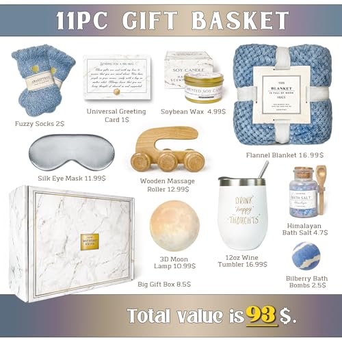 AHAGIFTREE Gift Baskets for Women,11PC Care Package,Think of You, surgery recovery gifts for women,Get Well Soon After Surgery,Birthday Gifts,Thank You,Sympathy Gift Baskets - color: Blue