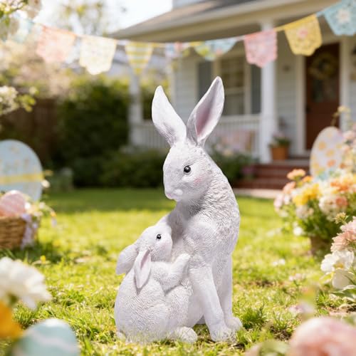 basen Outdoor White Bunny Figurines Mother and Baby Rabbit Resin Decor, Weather Resistant Garden Statue for Yard Patio Lawn, Easter Spring Decoration, Cute Animal Ornament for Home or Gift - color: White