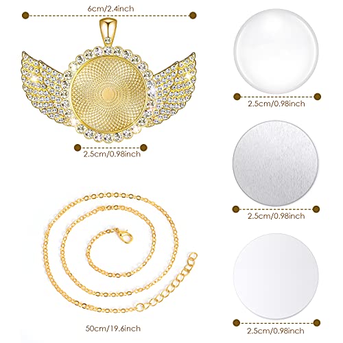 Hicarer 60 Pcs Sublimation Necklace Angel Wing Necklace with Picture | Memorial Necklace Jewelry Blanks Trays Rhinestone Bezel Gold Silver Blank with Chain for Christmas DIY Wedding Souvenir Gift