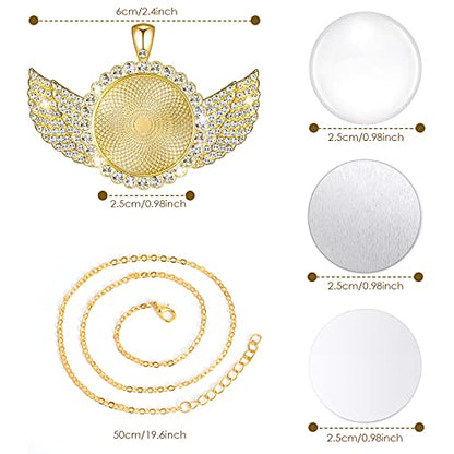 Hicarer 60 Pcs Sublimation Necklace Angel Wing Necklace with Picture | Memorial Necklace Jewelry Blanks Trays Rhinestone Bezel Gold Silver Blank with Chain for Christmas DIY Wedding Souvenir Gift