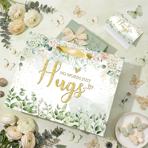 Sympathy Gift Bag for Loss of Loved One Sympathy Gifts Bag with Tissue Paper and Greeting Card Green Eucalyptus No Words Just Hugs Sage Green Gift Wrapping Bag Thinking of You Encouragement Bereavement Party Supplies - color: Sage Green