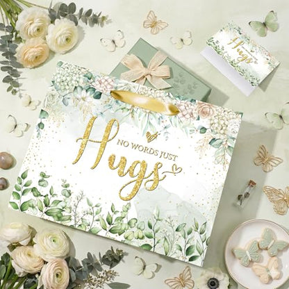 Sympathy Gift Bag for Loss of Loved One Sympathy Gifts Bag with Tissue Paper and Greeting Card Green Eucalyptus No Words Just Hugs Sage Green Gift Wrapping Bag Thinking of You Encouragement Bereavement Party Supplies - color: Sage Green