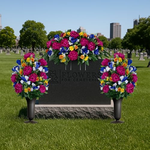Sympathy Silks - Artificial Flowers for Cemeteries - Fuchsia Mums with Blue Iris - (1) Headstone Saddle (2) Bouquets (2) Vases - size: (1) Saddle (2) Bouquets (2) Vases