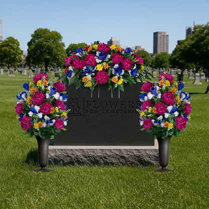 Sympathy Silks - Artificial Flowers for Cemeteries - Fuchsia Mums with Blue Iris - (1) Headstone Saddle (2) Bouquets (2) Vases - size: (1) Saddle (2) Bouquets (2) Vases